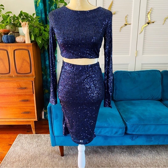 Salty Sophia Sequin 2 Piece Matching Dress Set Midnight Navy Blue NYE New Medium - Picture 4 of 13